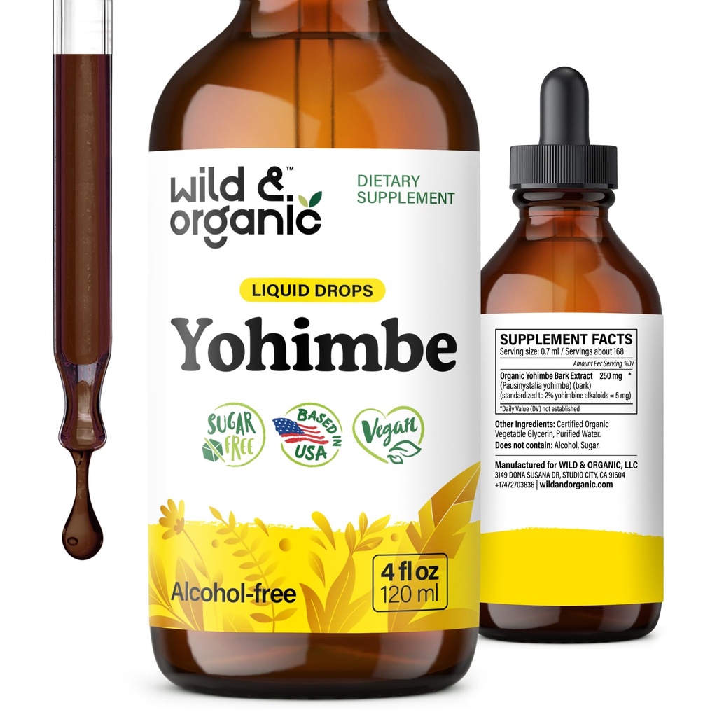 Wild & Organic Yohimbe Kosttilskudd for menn og kvinner - 5 mg Yohimbine Extract Tinktur - alkoholfri Yohimbe Bark Drops - Vegansk, ikke-GMO & Sukkerfri - 4 fl oz