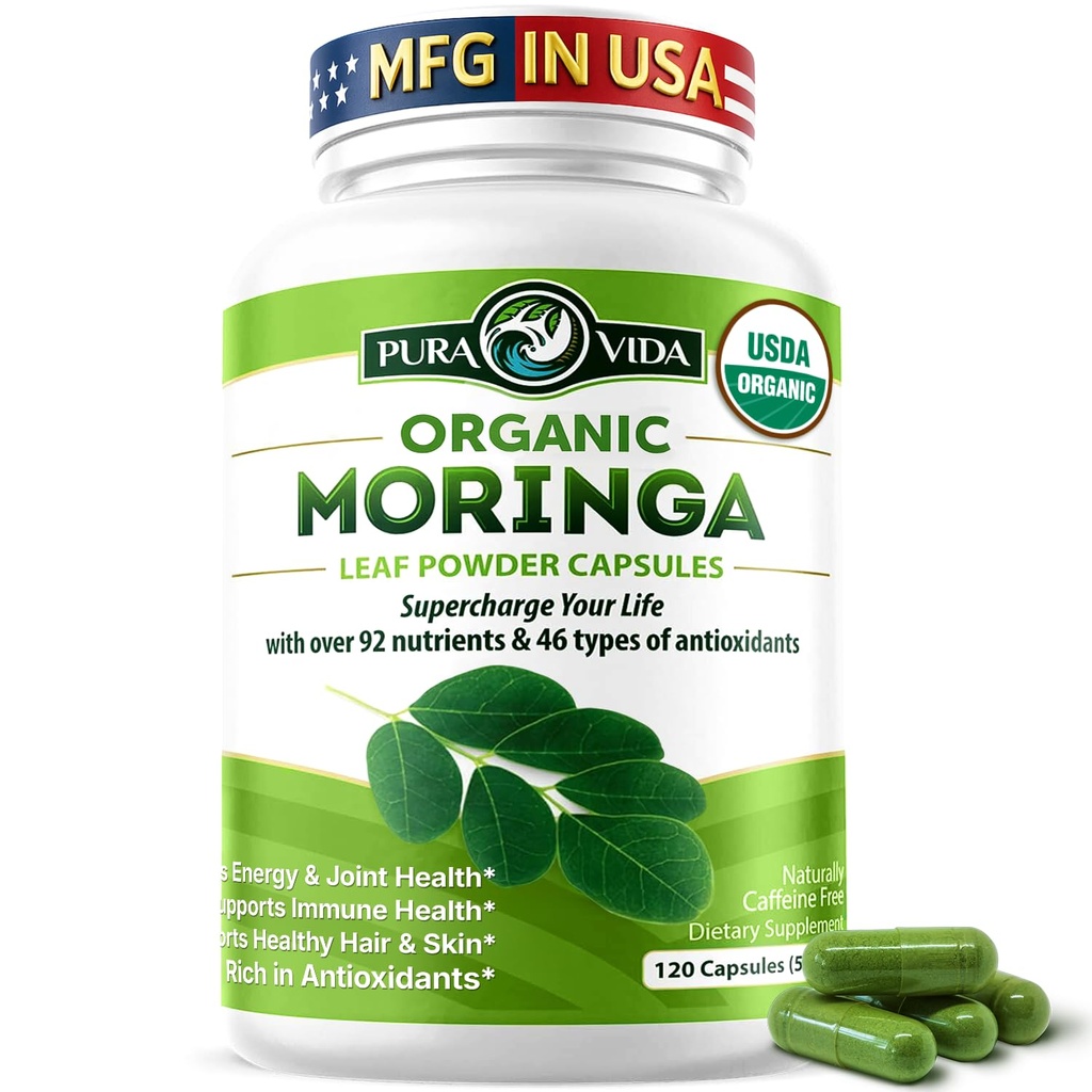 PURA VIDA MORINGA Kapsler Single Origin Moringa Powder Organic. Pure Moringa Leaf. Energi, metabolisme, og immunstøtte. 120ct. 500mg Caps.