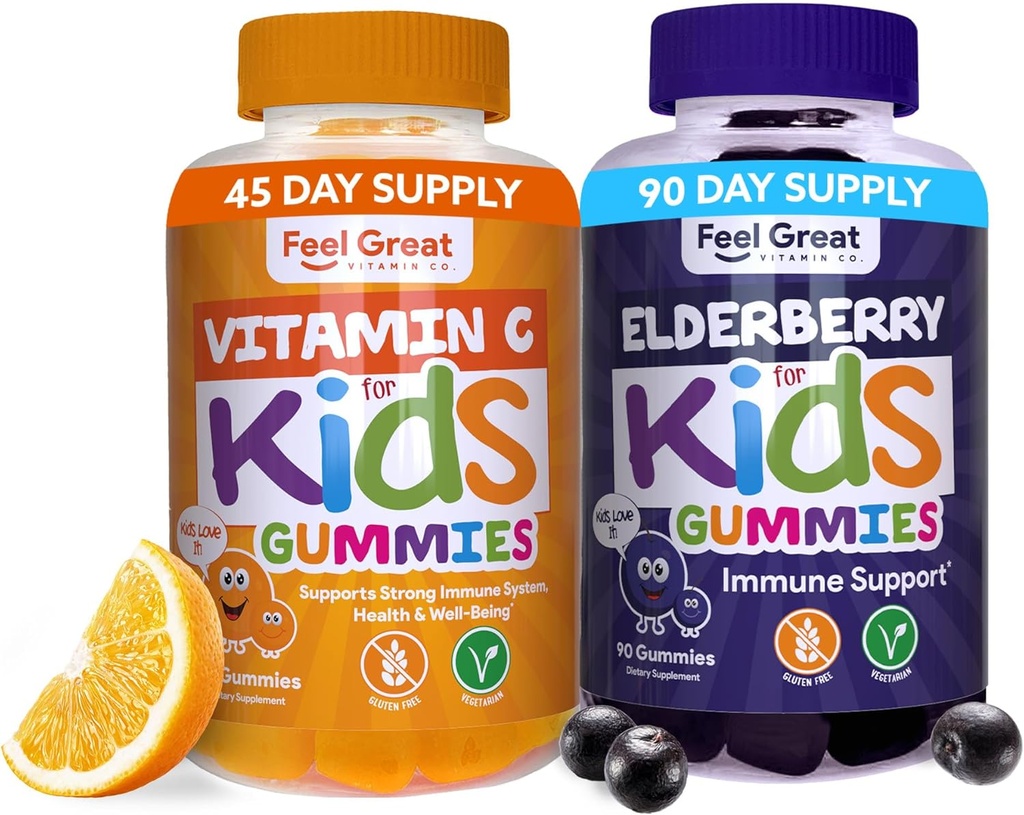 Feel Great Immune Support Gummies for Kids Duo - 90 dagers forsyning - Sink, Vitamin C, Elderbær - Glutenfri, Plant Basert - Tasty Berry & Citrus Gummies