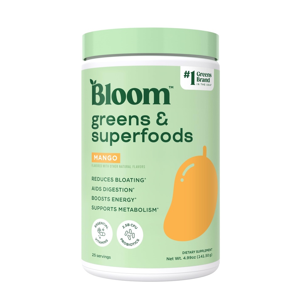 Bloom Ernæring Superfood Grønn pulver, Digestive Enzymer med probiotika og prebiotika, Gut helse, Bloating Relief for kvinner, Klorella, Grønn Juice blanding med beet rot pulver, 25 SVG, Mango