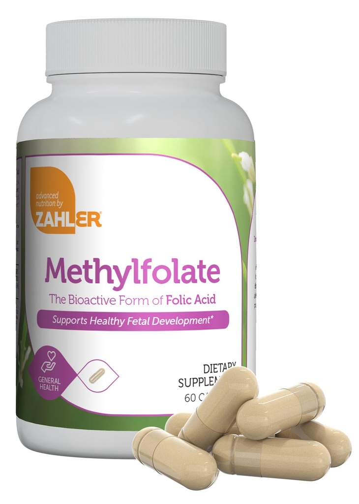 Zahler Metylfolat - støtter sunn Fetal utvikling og genetisk helse - Metylert Folsyre fra 1000 mcg DFE L-metylfolat - Kosher Non GMO Metyl Folat Supplement for kvinner (60 kapsler)