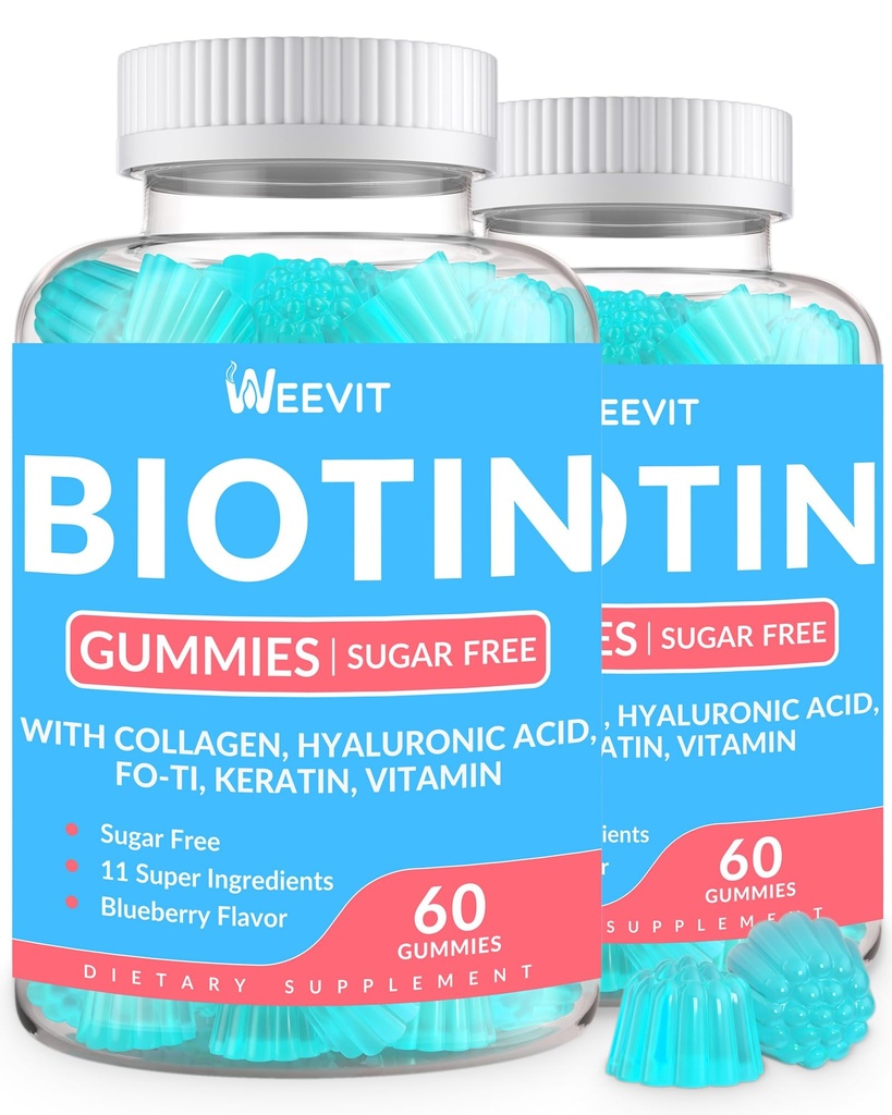 Sukkerfri Biotin Gummier, Biotin og kollagen Gummier med keratin, hyaluronsyre for kvinner og menn | Håret vekst, glødende huden og sterke negler | vitamin B7 Supplement, ikke-GMO, Chewable