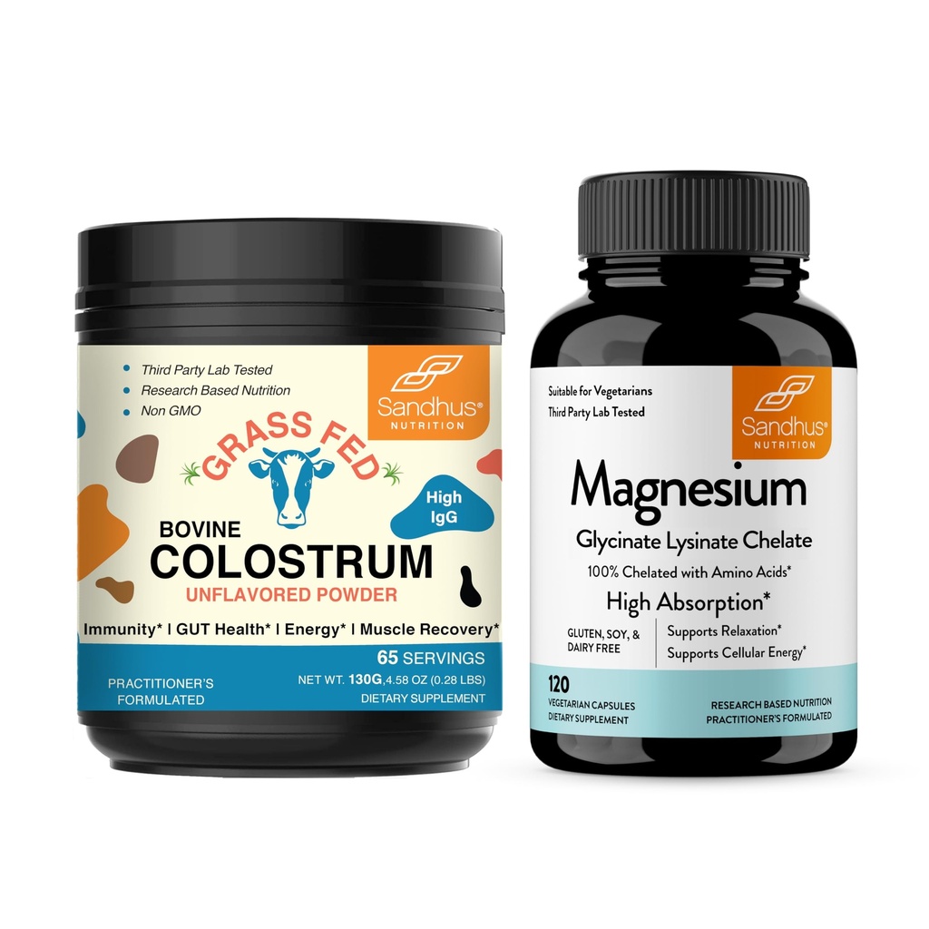Sandhu's Bovine Colossrum pulver og magnesium Glycinate Lysinat Kapsler | Hjelper Gut, Immune Heath & Sleep Support