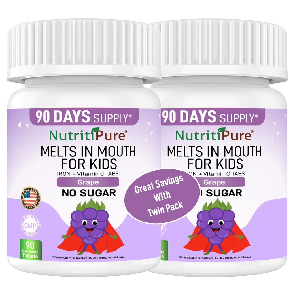 Kids Chewable Iron Supplement, Ferronyl® Carbonyl jern 9 mg, Vitamin C 30 mg, Grape Flavor, 90 tabletter (2 flasker)