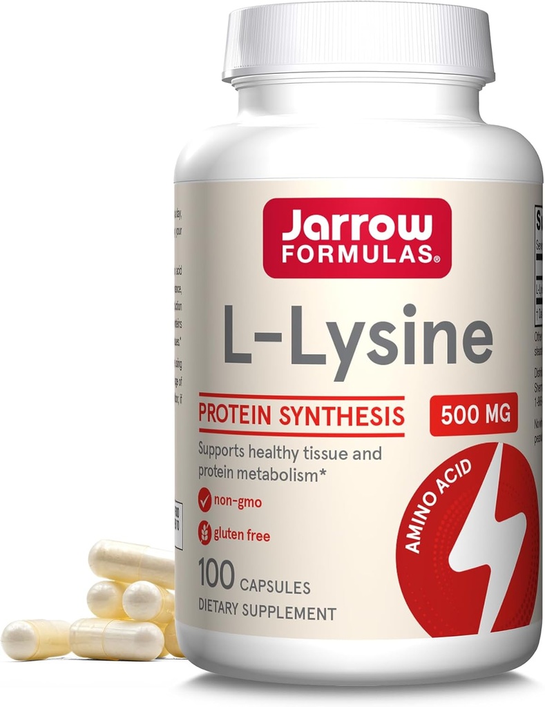 Jarrow Formler L-Lysine 500 mg, Diett Supplement, Aminosyre for proteinsyntese og sunn vevsstøtte, 100 kapsler, 100 dagers forsyning