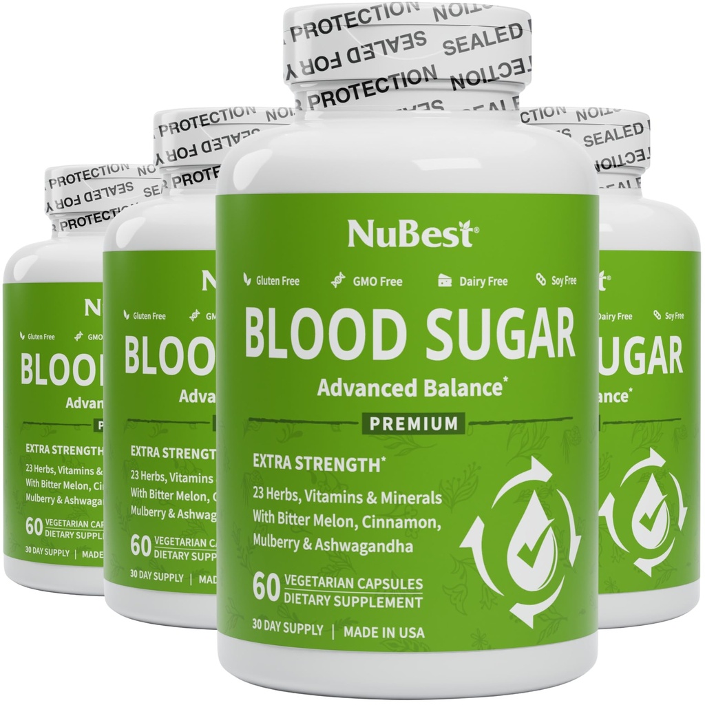 NuBest Blood Sugar - Premium Formula med Bitter Melon, Ashwagandha, Cinnamon, Chromium, Magnesium, Vitaminer, Alfa Lipoic Acid, Cayenne Pepper - Støtte Sunn Blood Sugar - Pack 4