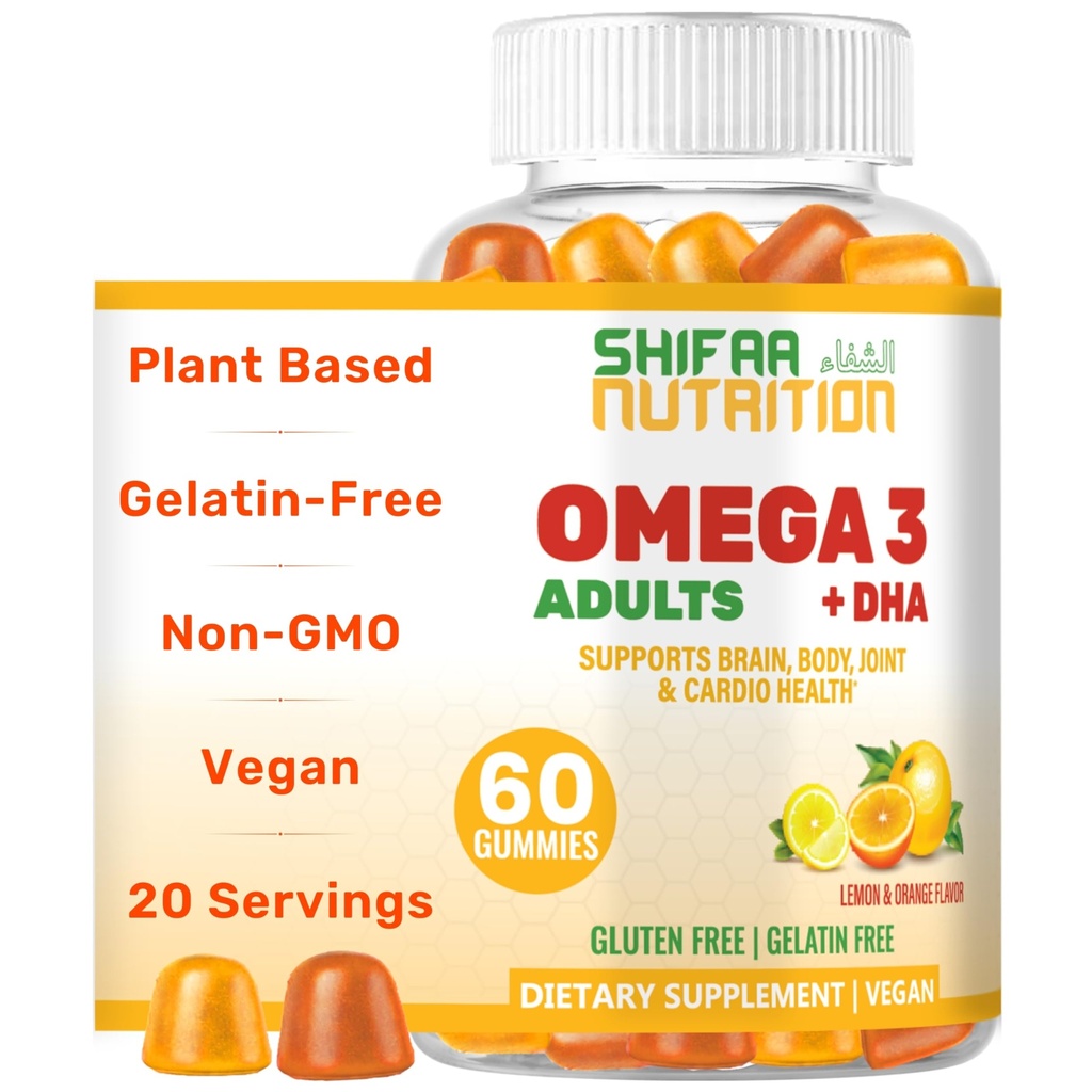 SHIFAA NUTRITION Vegansk Omega 3 Gummies for voksne | Ingen fiskeolje Burps | 60 Gummies | Plant Basert w/Chia olje, Algae | Omega 3 6 9 w/DHA, vitamin C | for hjernen, kardiovaskulær og immunstøtte Halal