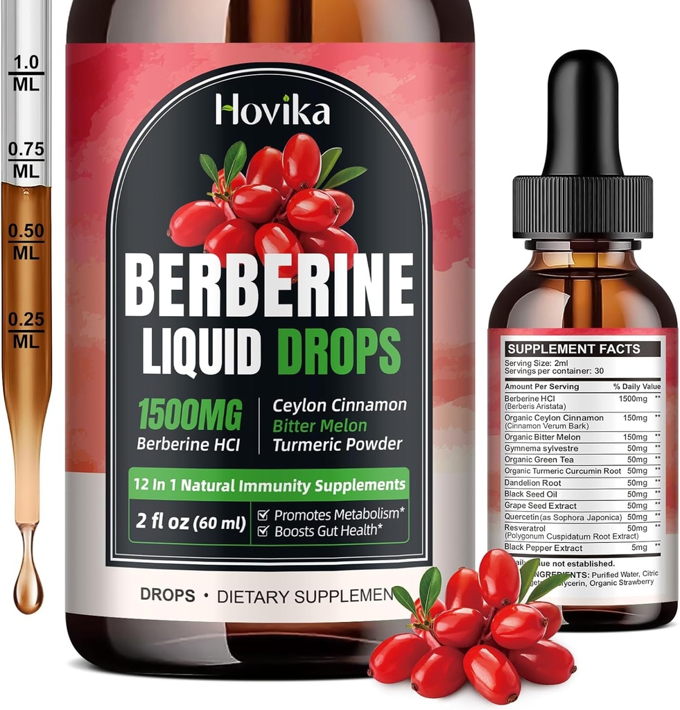 Berberine HCL flytende dråper - 1500 mg høyabsorberbar Berberine flytende dråper - Berberine Veggie Supplement for immun, dialysesystem og hjerte helse støtte, Strawberry Flavor- 2 FL Oz