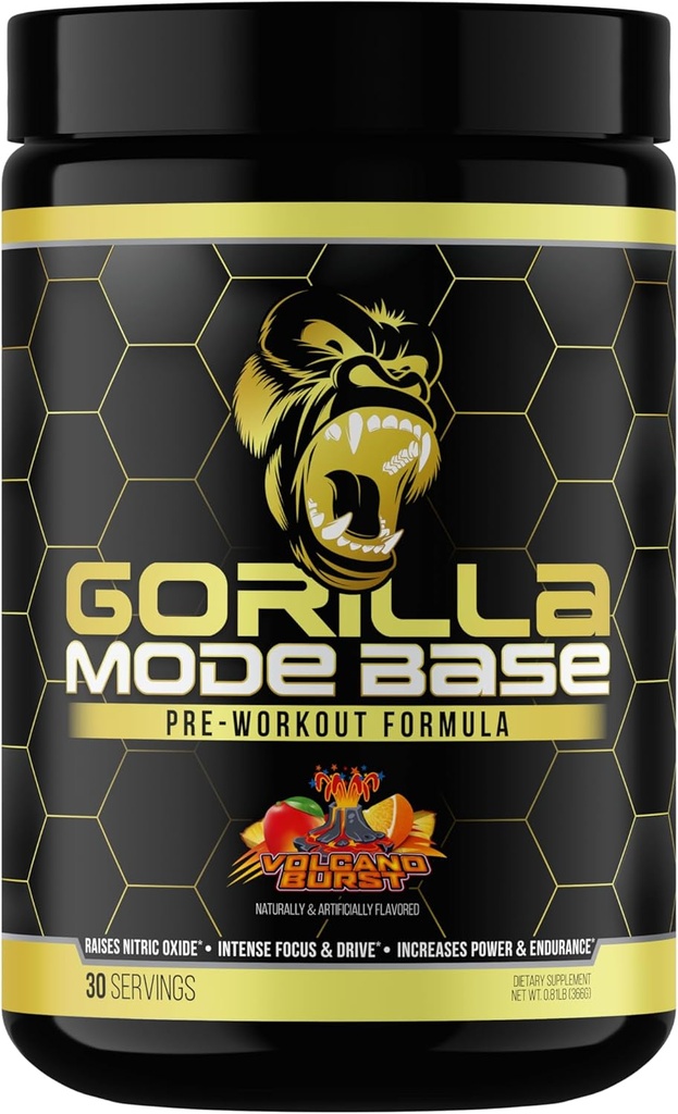 Gorilla Mind Base Pre Workout - Hever Nitric Oxid Intense Focus & Drive Endurance Power - L-Citrulline, L-tyrosin, Betain, Alpha-GPC, Koffein, Huperzine A - 360 Grams (Volcano Burst)