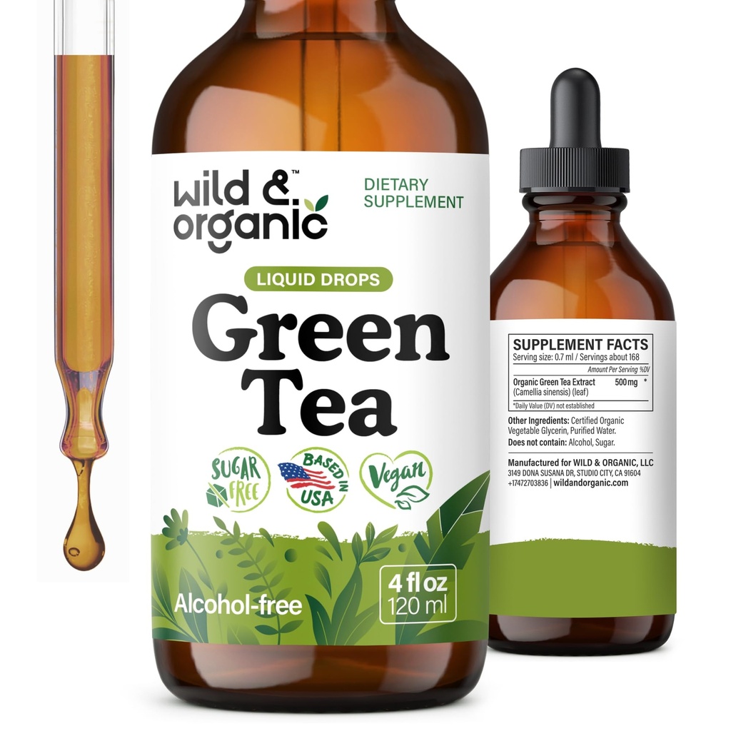 Wild & Organic Green Tea ekstrakt flytende dråper - Antioksidant-Rich Grønn Te Supplement - 2-måneders forsyning - Vegan, Sukker & alkoholfri Camellia Sinensis Tinktur - 4 fl oz