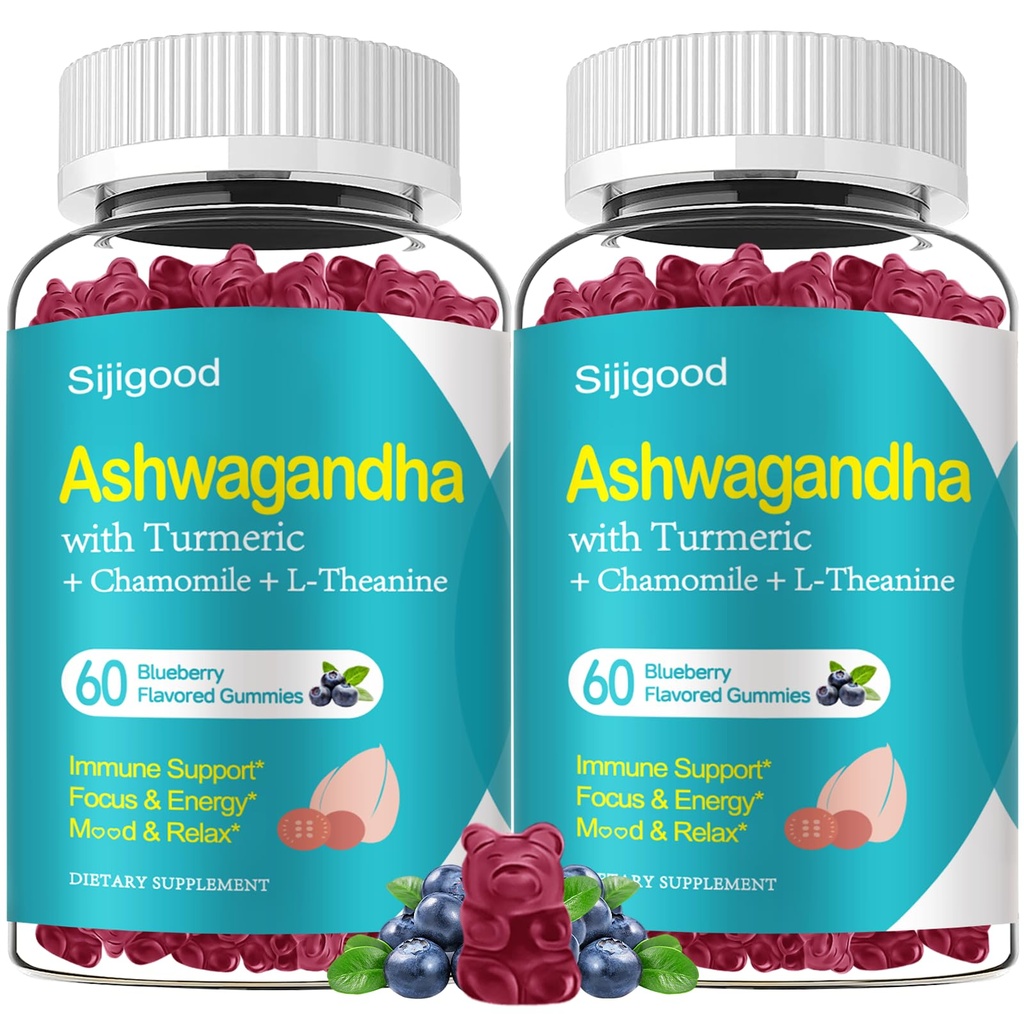 2 Pack Ashwagandha Gummies, Støtte for immunitet, Relaxation, rolig Mood & Zzz, Ashwagandha Supplement for menn og kvinner, Naturlig Blåbær Flavor, 120 greve