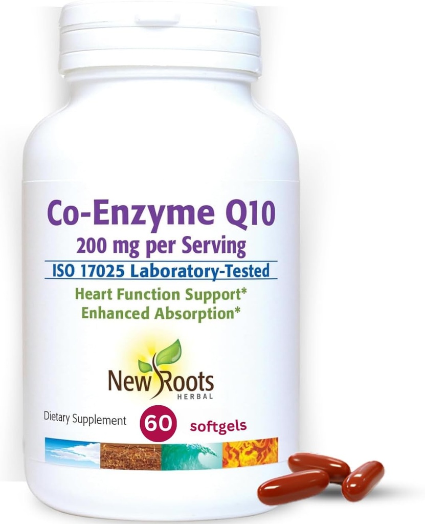 NYE ROOTS HERBAL CoQ10 Supplement Coenzym Q10 (60 Softgels) 200 mg | Naturopatisk lege Formulert for hjertehelse og energi støtte | laget med naturlig befruktning