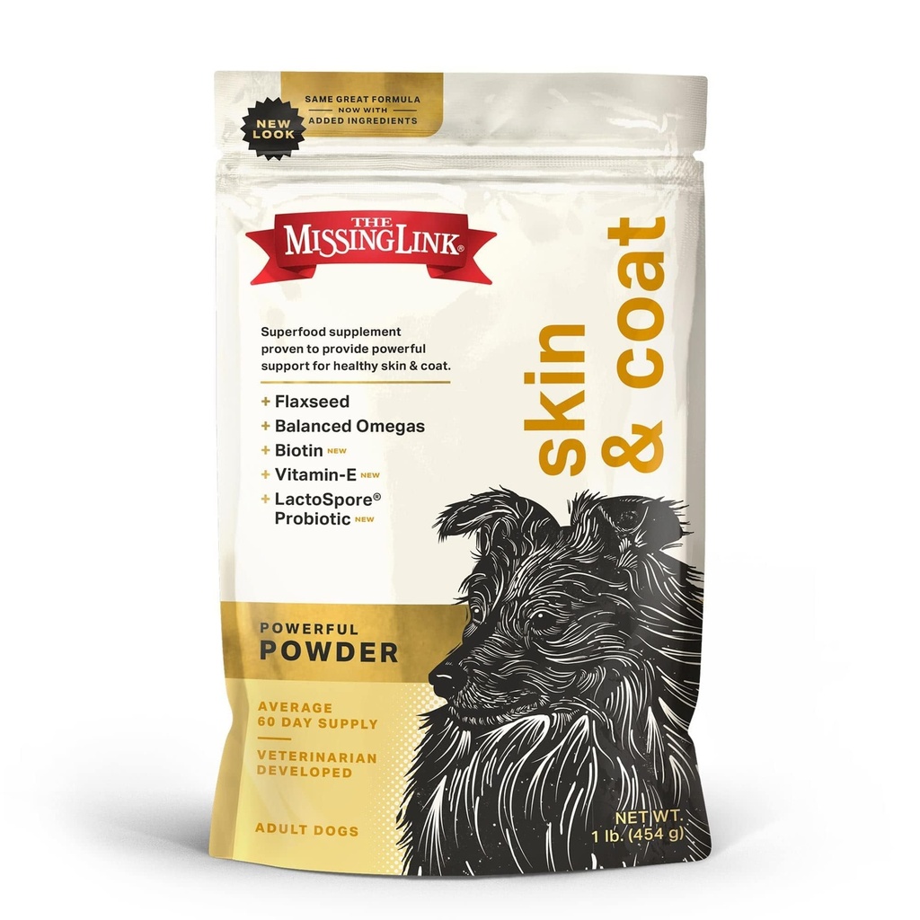 The Missing Link Hud & Coat + Probiotika Supplement 1lb Bag - Kraftig Superfood pulver for hunder støtter sunn hud & glossy Coat, fremmer hårvekst