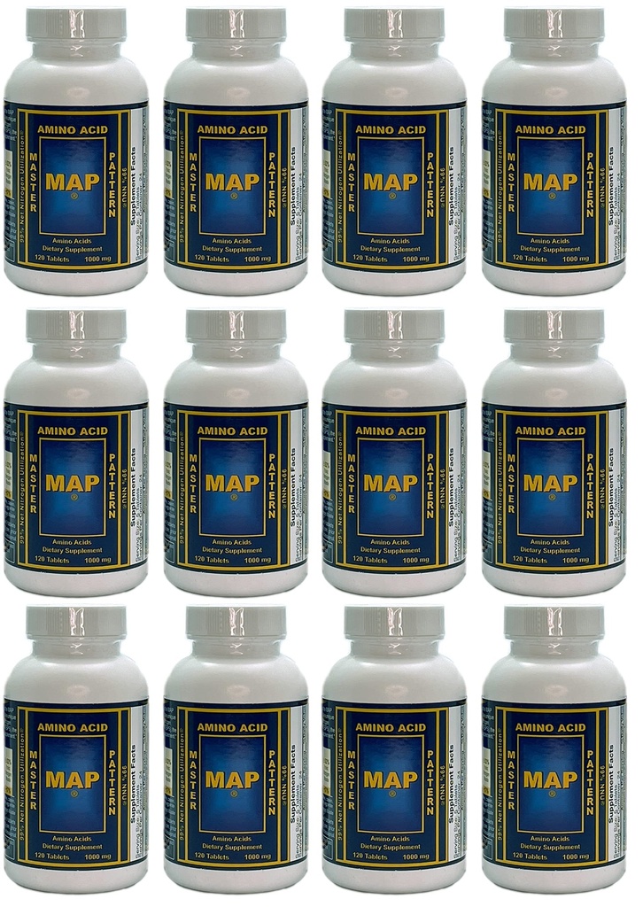 Pakke med 12 flasker av MAP Master Amino syre mønster (120 tabletter / bottle) 99% Netto Nitrogen Utnyttelse (NU) - Original Formula av Dr. Luca Moretti