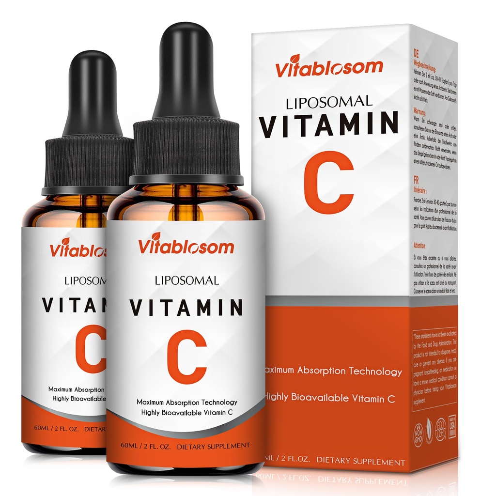 Liposomal vitamin C 2000mg flytende for voksne, høy absorpsjon VIT C, maksimal vitamin C, immunsystem og antioksidant støtte, 60ML (2 flaske)