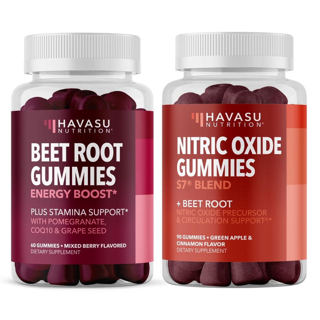 HAVASU NUTRITION Nitric Oxid Gummies med L-Arginine og Beet Root (1 måneds forsyning) & Beet Root Gummies med COQ10 & Pomegranate (1 måneds forsyning)