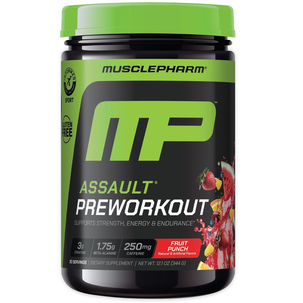 MusclePharm Assault Pre Workout pulver for menn og kvinner – Energi og styrke øker pre-Workout kosttilskudd med Beta alinine, koffein, kreatin & Betaine anhydrous – 30 serveringer, frukt Punch Flavor