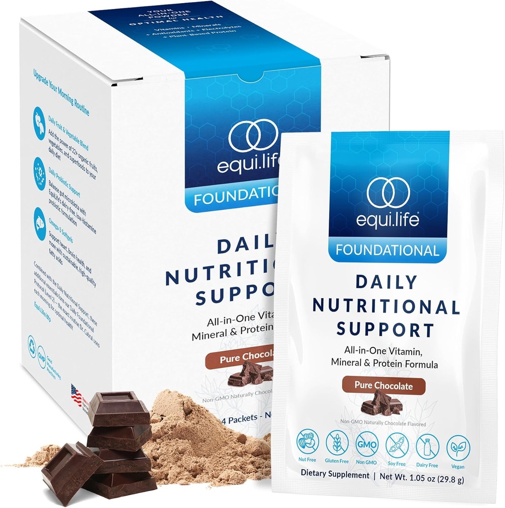 Equilife Daily Nutritional Support, All-in-One Multivitamin måltid utskiftning, ren sjokoladeflavor, 15G Planteprotein, støtter total velvære inkludert energi, digestion, & hud, 14 pakker
