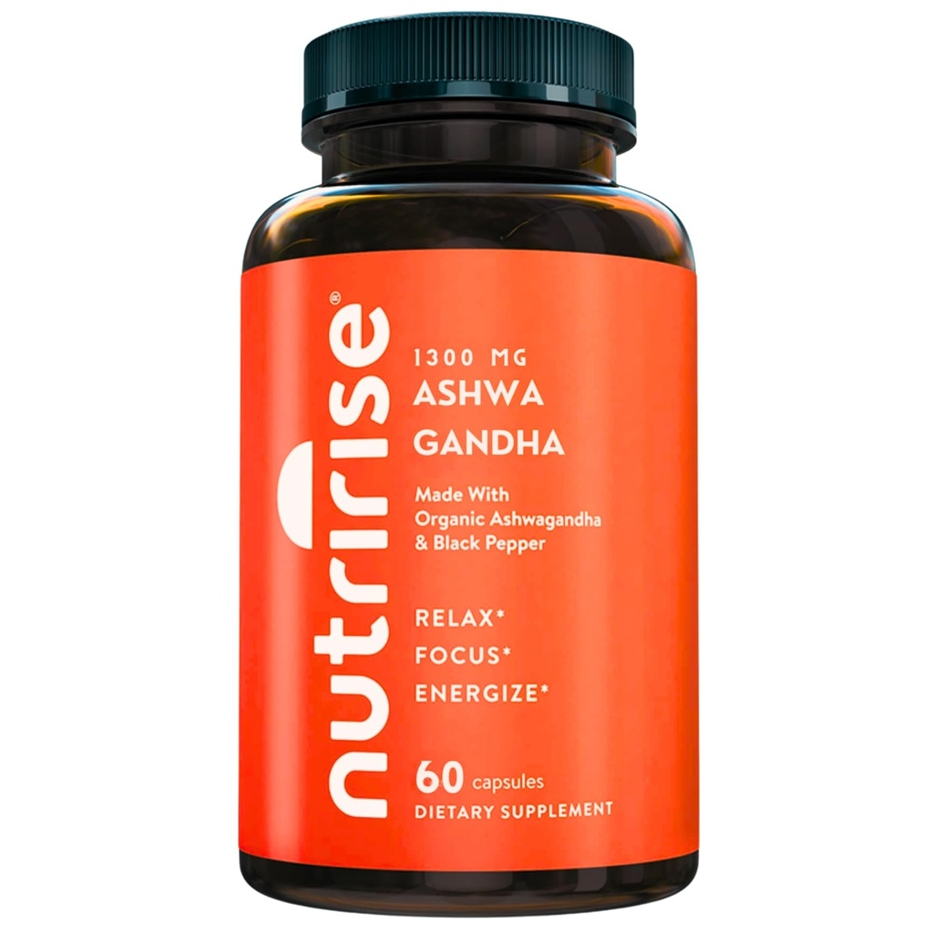 NutriRise Økologisk Ashwagandha Root Capsules med svart pepper, 1300mg, naturlig stress og humør, Thyroid & Immune Support Supplement, Klarhet, Fokus og energi, Glutenfri, 60 greve