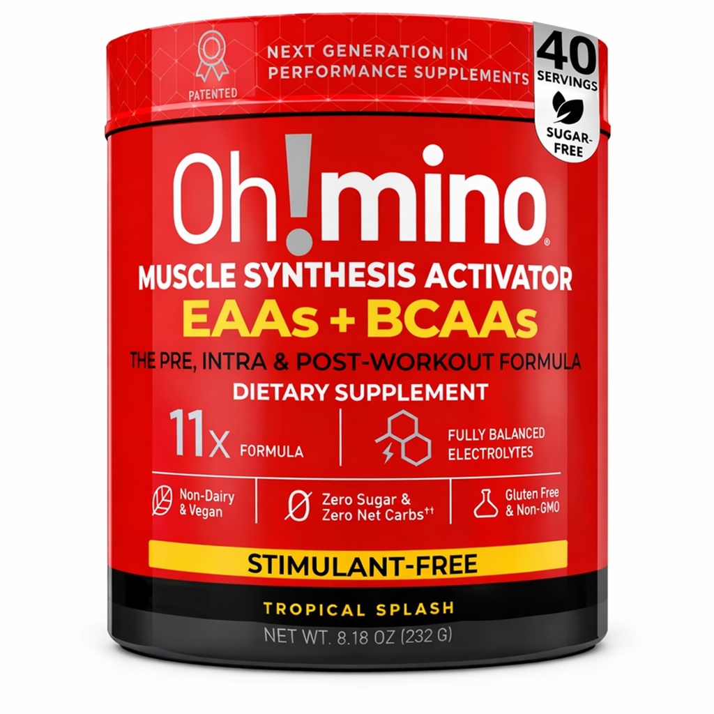 Oh!mino essensielle Aminosyrer Supplement. Tropisk splash, stimulant-fri pulver. Alle 9 EAA, BCAA og den perfekte Amino for trening, Amino energi, og å bygge muskler, og gjenopprette raskere.
