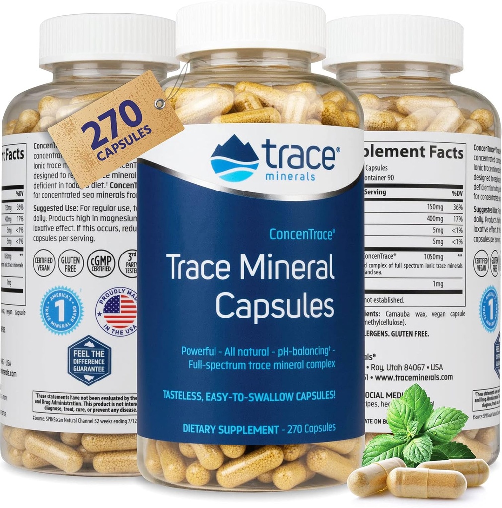Trace Minerals Lav-Sodium ConcenTrace Capsules - Supplement til å støtte Bone Helse og Kropp Energi - Sunn Hydration & Electrolyte Support Supplement - 270 Kapsler (90 Serveringer