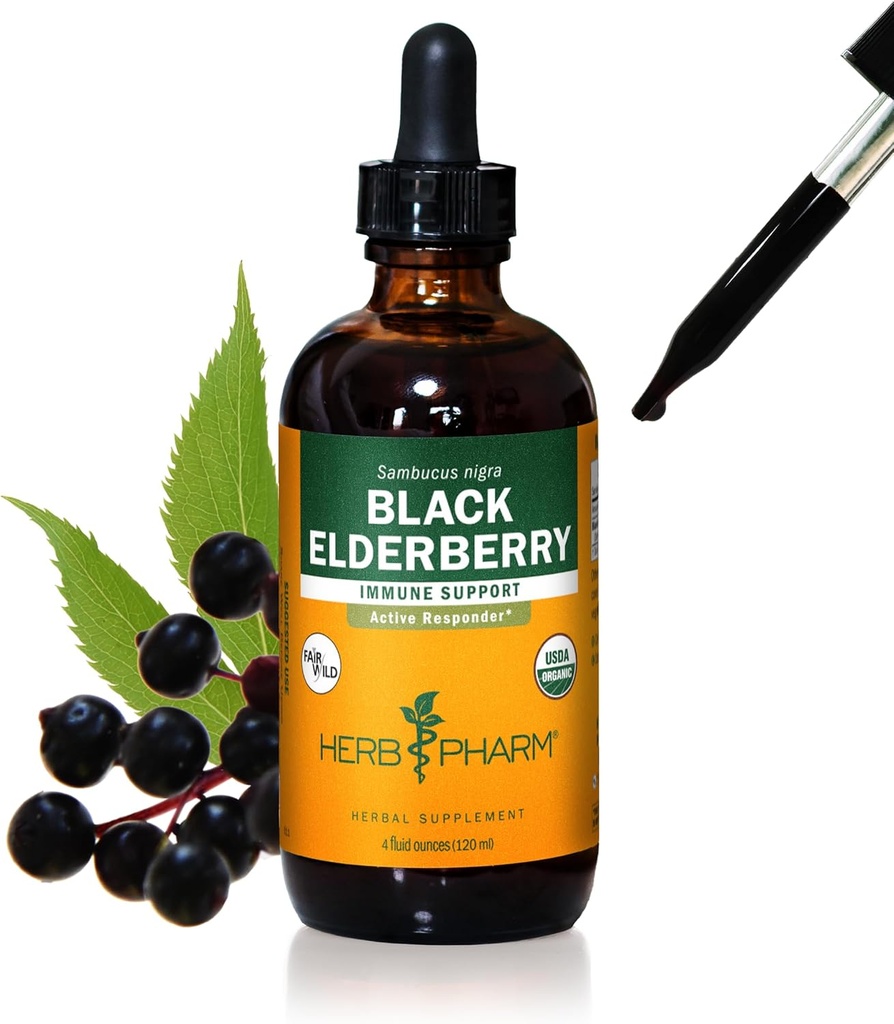 Herb Pharm Certified Organic Black Elderberry Liquid Extract for immunsystem støtte, Organic Cane alkohol, 4 Ounce