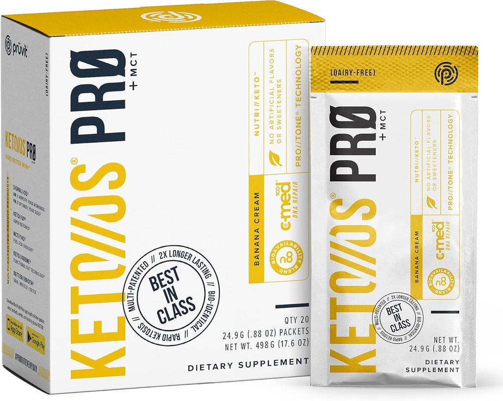 Pruvit Keto//OS Pro Banan Cream + MCT ketoner - Keto//OS Pro Supplement for energiforsterkning, bedre sammensmeltning og bidrar til å bekjempe aldringsprosessen - 20 pakker