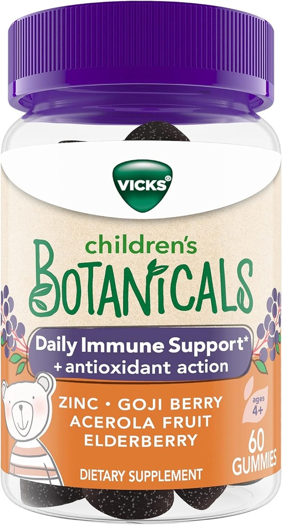 Vicks Barnebotaniske daglig immunstøtte* + Antioksidant Action, Gummier, laget med sink, Goji Berry, Acerola Frukt og eldrebær, 60 ct