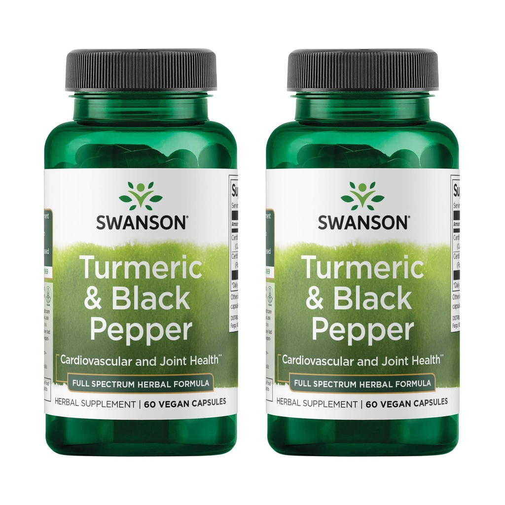 Swanson Turmeric & Black Pepper - organisk felles helse, hjertehelse, digestion, og lever støtte Supplement - naturlig formel for forbedret biotilgjengelighet og absorpsjon - (60 Veggie Capsules) 2 Pack