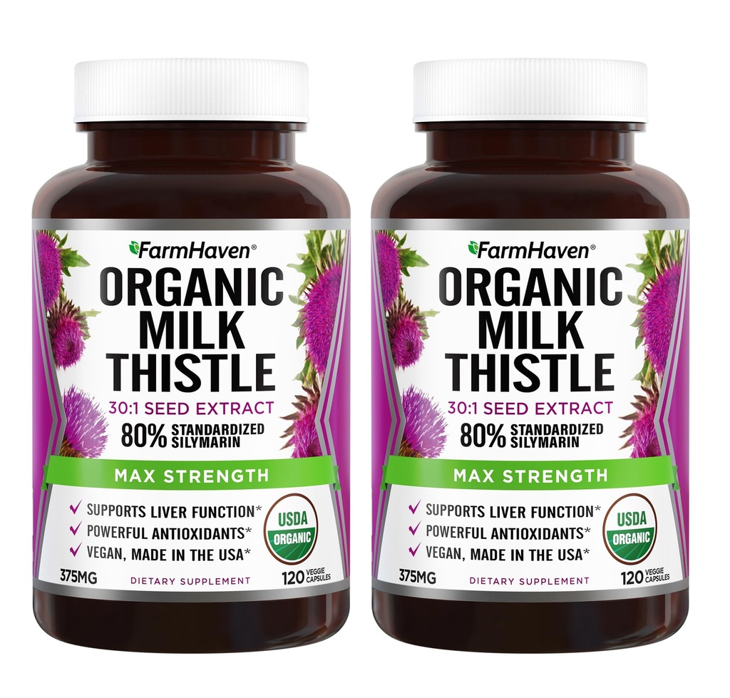 FarmHaven USDA Organic Milk Thistle Capsules ® 30X Konsentrert frø ekstrakt & 80% Silymarin Standardisert - støtter leverfunksjon og generell helse