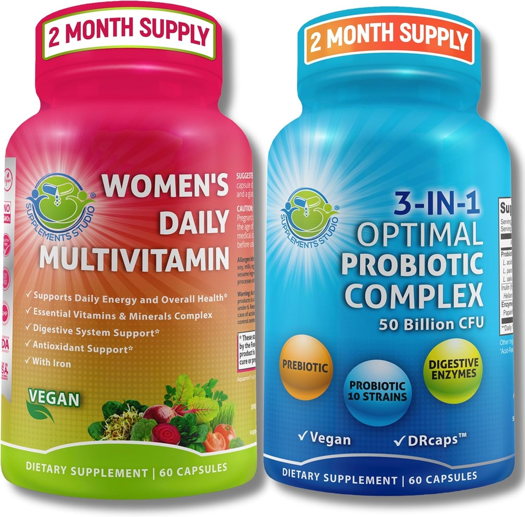Multivitamin og probiotiske støtte for kvinner B 3-i-1 probiotiske med digestive enzymer og prebiotiske og kvinners daglige multivitamin med jern – vegansk, ikke-GMO, ren daglig helsestøtte