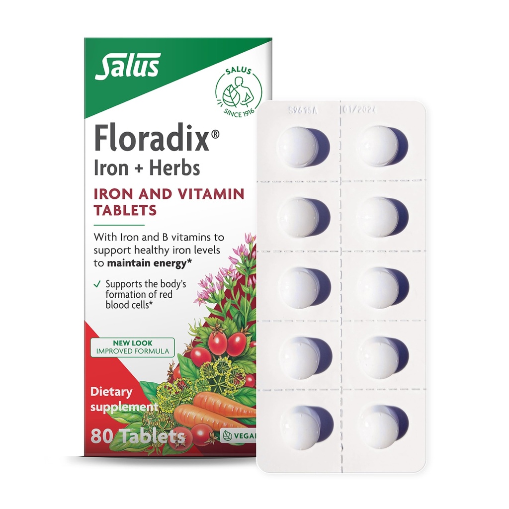 Floradix Iron Tabletter - Jern Supplement med B vitaminer, Folinsyre, Vitamin C & mer - Energistøtte - Vegetarisk og glutenfri - 80 tabletter (80 Serveringer)