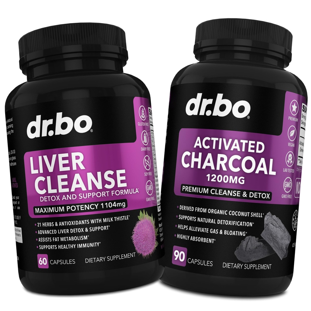 Liver Cleanse & Aktivert Charcoal Capsules - Liver Helse piller med artichoke, Berberine, gurkemeie urter - 1200 mg økologisk kokosnøtt Charcoal piller for magegass og blomstring støtte