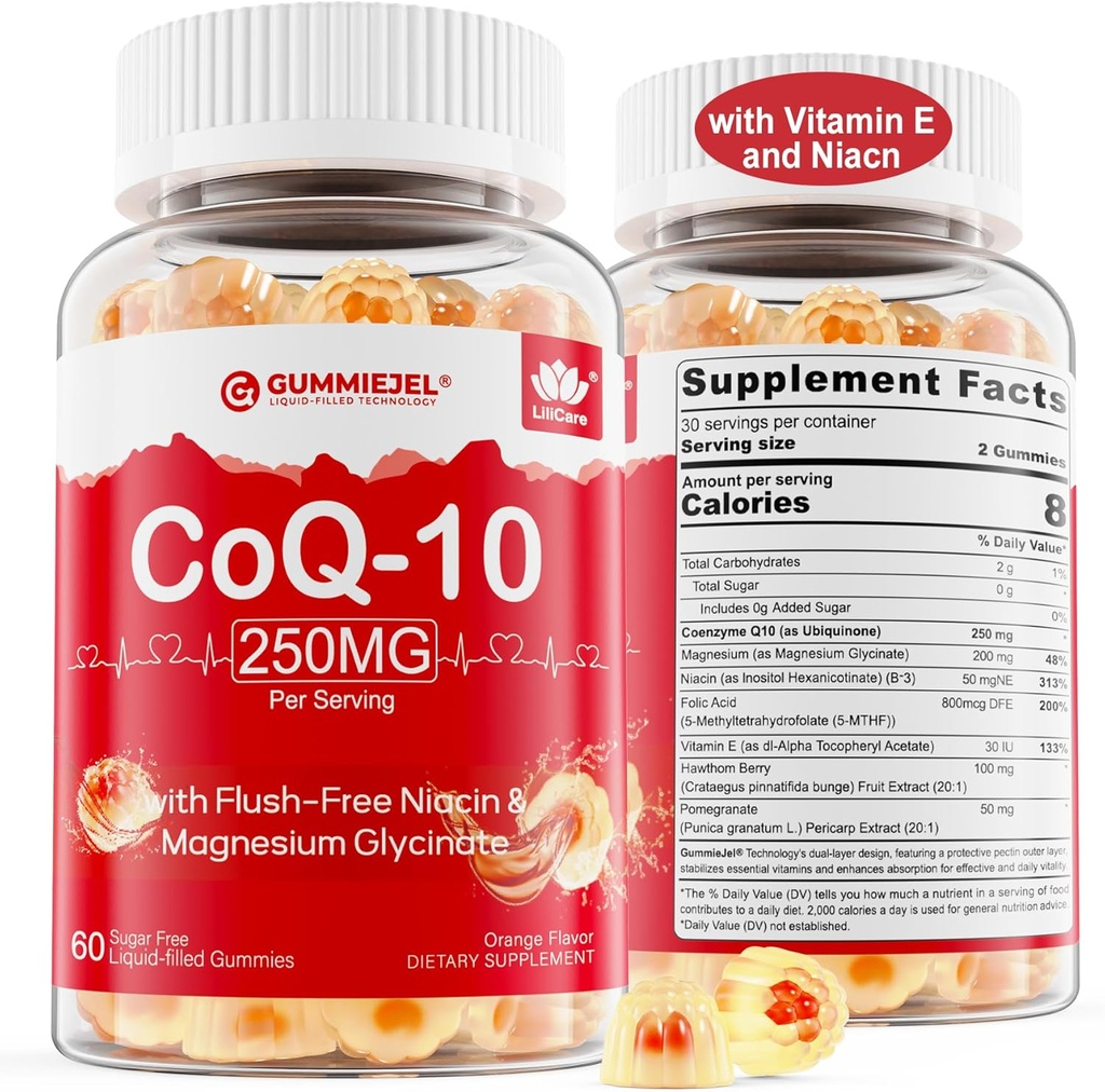 Sukkerfri CoQ10 Fyllt Gummies 250MG, Coenzym Q10 w/Magnesium Glycinate, Niacin No-Flush Vitamin B3, E & folsyre, høy absorpsjon CoQ10 for HEA-rt, Cellular Energi & Antioksidant
