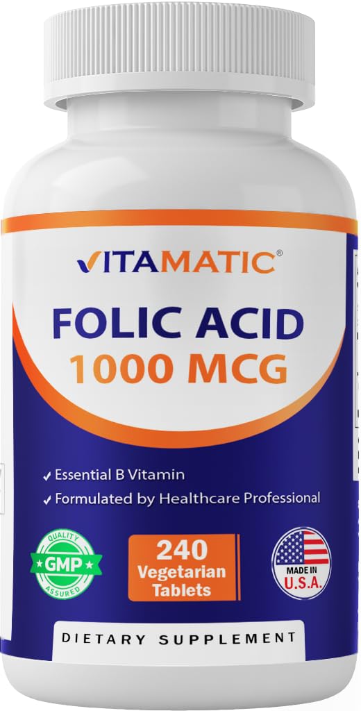 Vitamatic Folic Acid 1000 mg (1 mg) - Vegetariske tabletter - 1667 mg DFE - Vitamin B9 (240 count (pakke med 1))