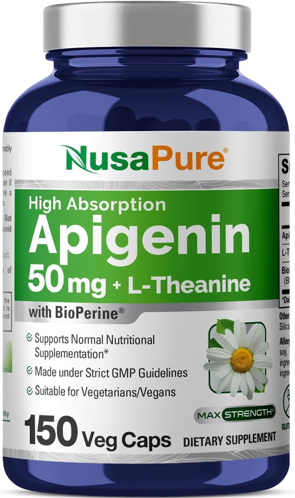 NusaPure Apigenin 50mg & L-Theanine 200mg, 150 Veggie kapsler, Bioperin (Non-GMO, Glutenfri)