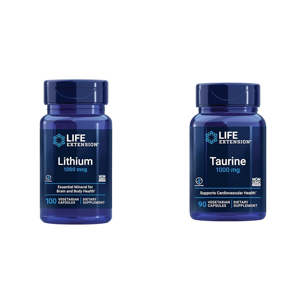 Livsforlengelse Litium 1000 mhg og Taurin 1000 mg - Hjernehelse, anti-aldring, langvarighet, minne, kognisjon, humør, hjerte, lever, muskel og mosjon støtte - 100 greve