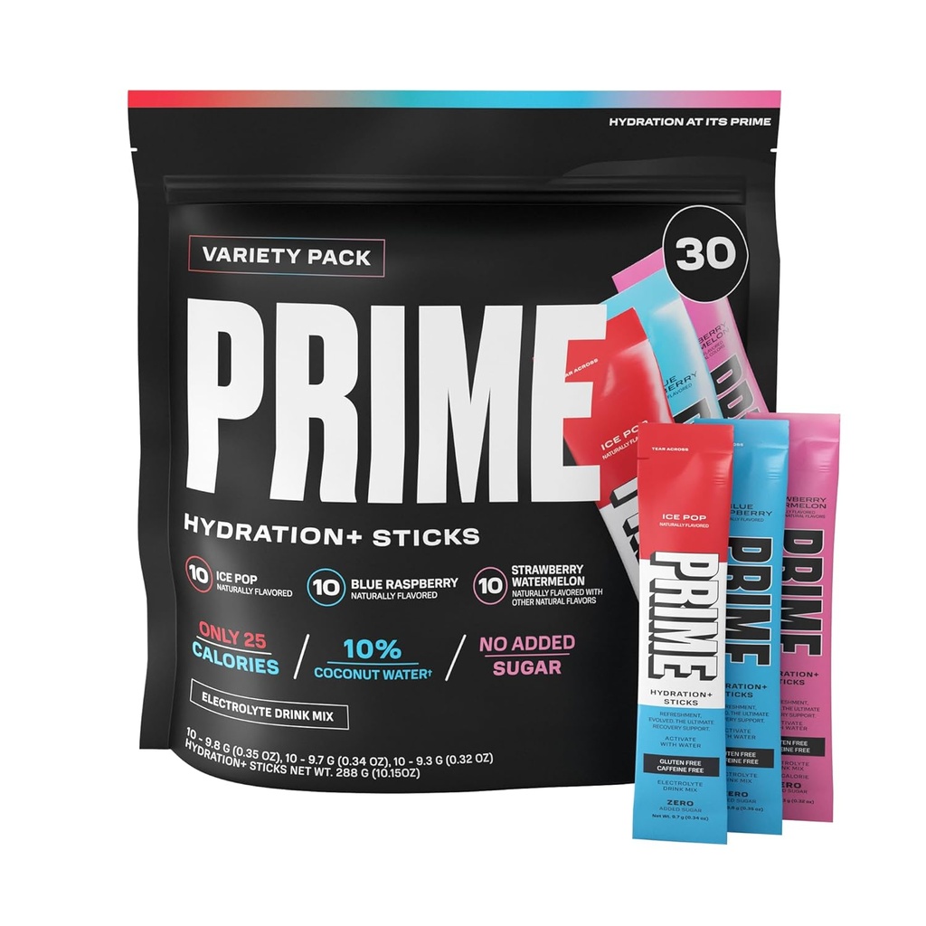 PRIME HYDRATION + Sticks Variety Pack | Hydration Powder Single Servere Sticks | Electrolyte pulver på farten | Lav sukker | Koffein-fri | Vegan | 30 Sticks