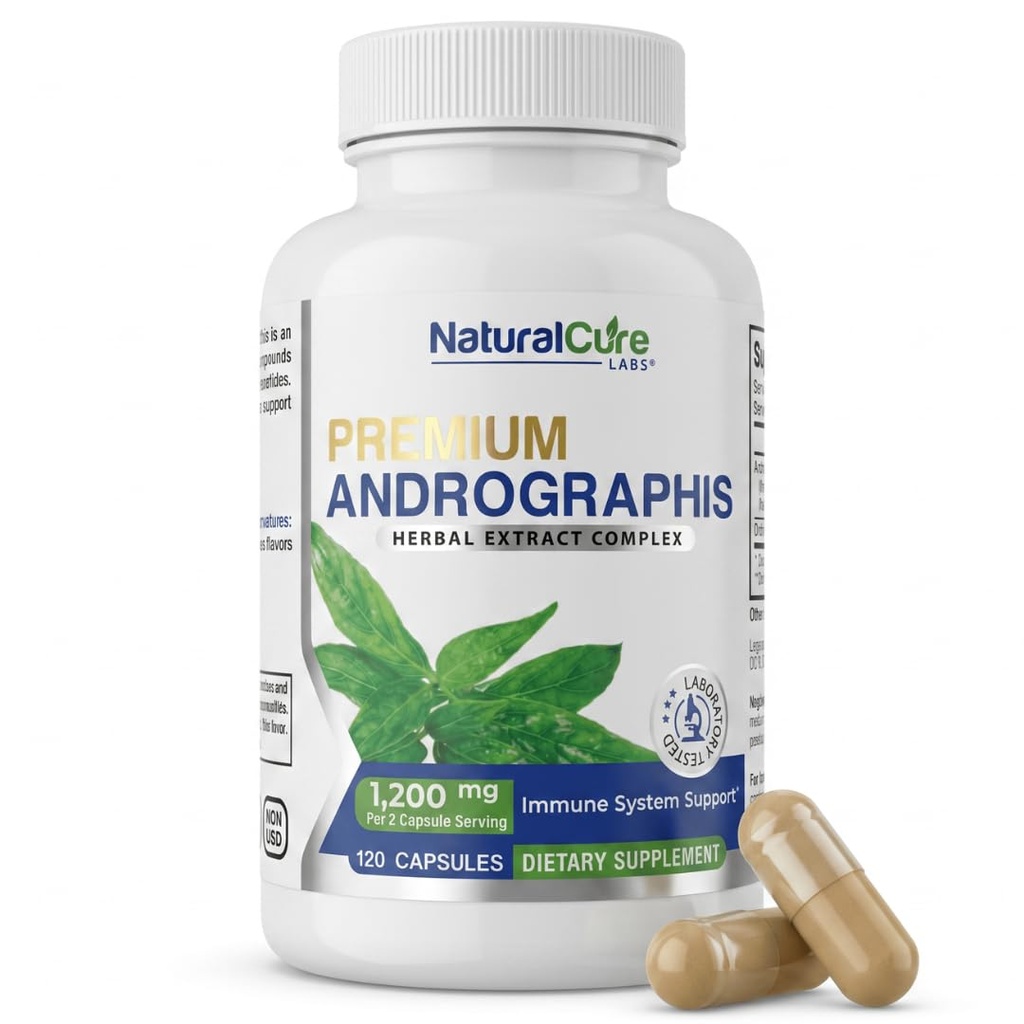 Naturlig Cure Labs Premium Andrographis Paniculata ekstrakt 1200mg med 100 mg Andrographolides Vegan Capsules for immun og digestiv støtte, ikke-GMO, Glutenfri, Herbal kosttilskudd