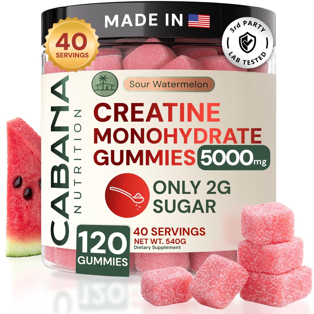 Kreatin Monohydrat Gummies 5g - Bare 2g Sukker, laget i USA - Sour Watermelon Flavor - Vegan & 3. part testet - Pre & Post Trening Supplement for kvinner og menn (120 Count, 40 Services)