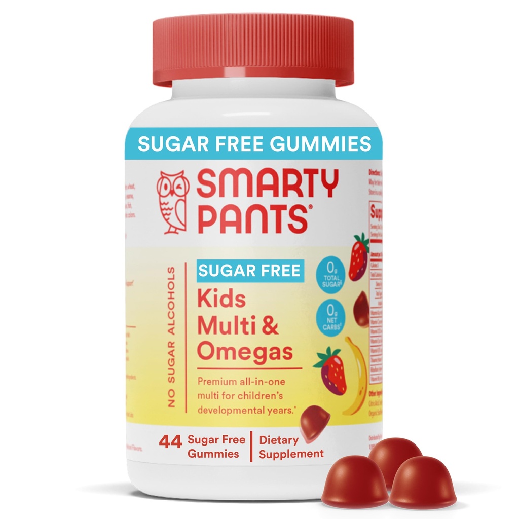 SmartyPants Kids Multivitamin Gummies, Sukker Gratis: Omega 3 (ALA), Vitamin D3, C, Vitamin B12, B6, A, K & Zinc for immunstøtte, Biotin, Erytritol Free, Jordbær Banan, 44 greve (22 dagers forsyning)