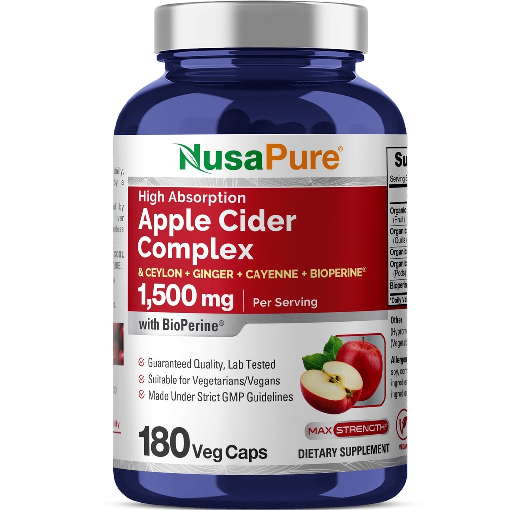 NusaPure Apple Cider Vinegar Complex 1500 mg 180 Veg Caps Egnet for vegetarianere og veganer, ikke-GMO