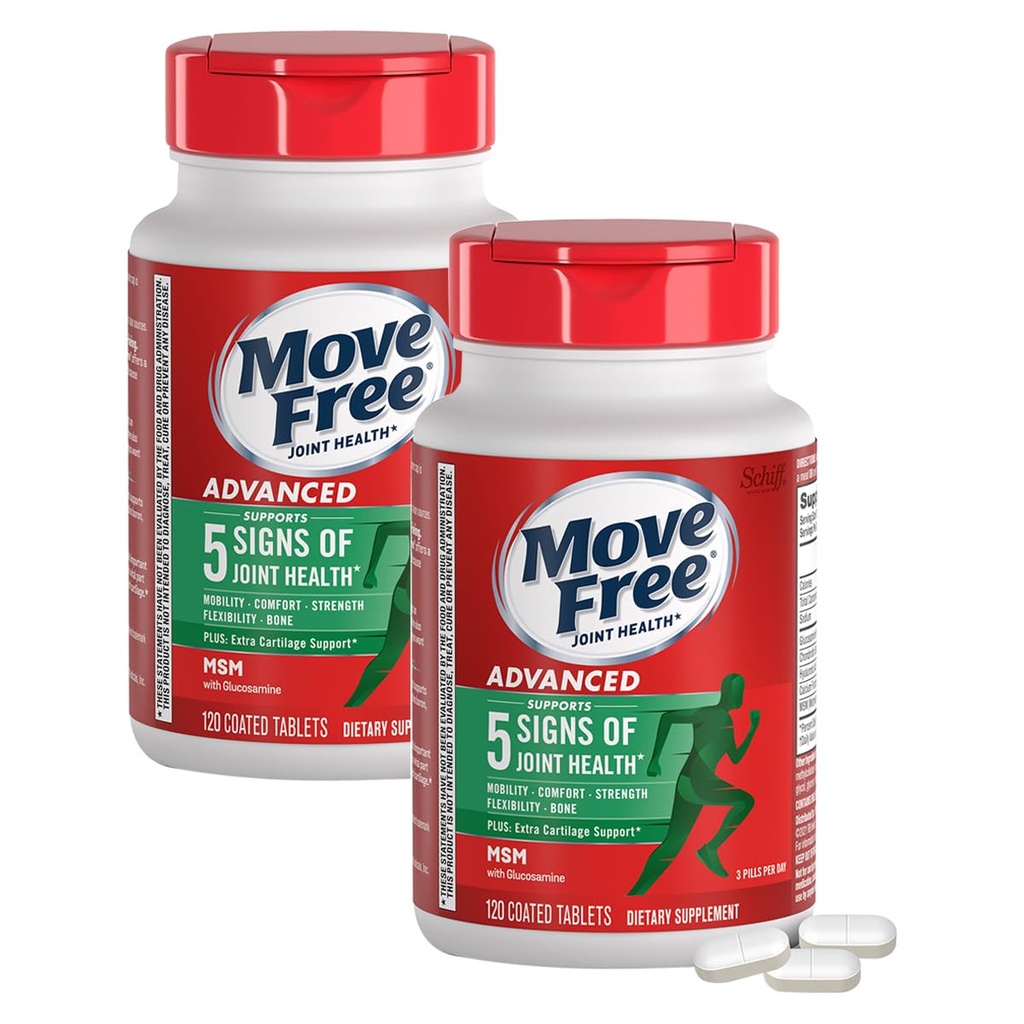 Flytte gratis Advanced Glucosamine Chondroitin MSM Joint Support Supplement, støtter mobilitet, komfort, styrke, fleksibilitet og bein, 120 tabletter/40 serveringer (2 pakke)
