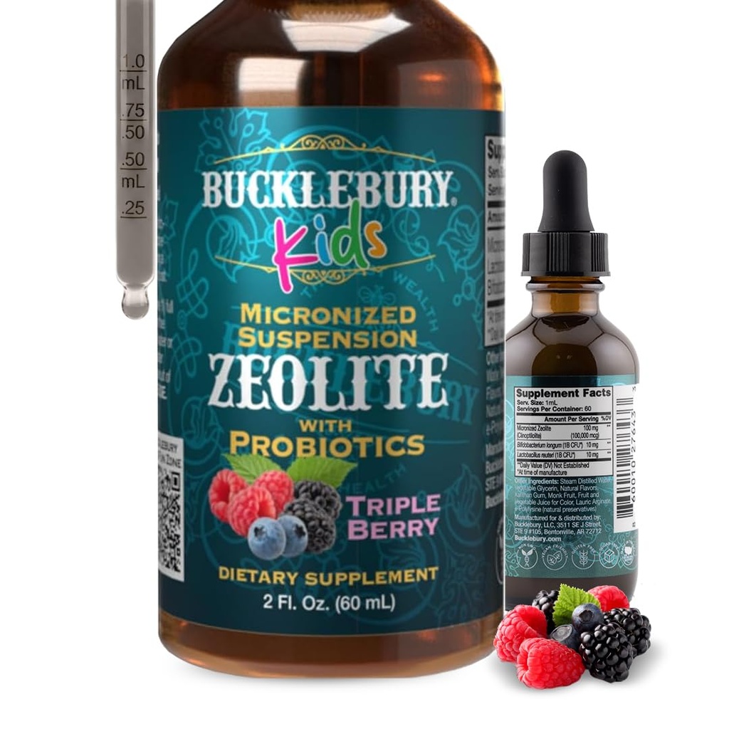 BUCKLEBURY flytende Zeolite Detox for barn med probiotika - sukker gratis naturlig Berry Flavour Probiotika for barn - Zeolite Heavy Metal Detox og immunstøtte - 2 Fl Oz