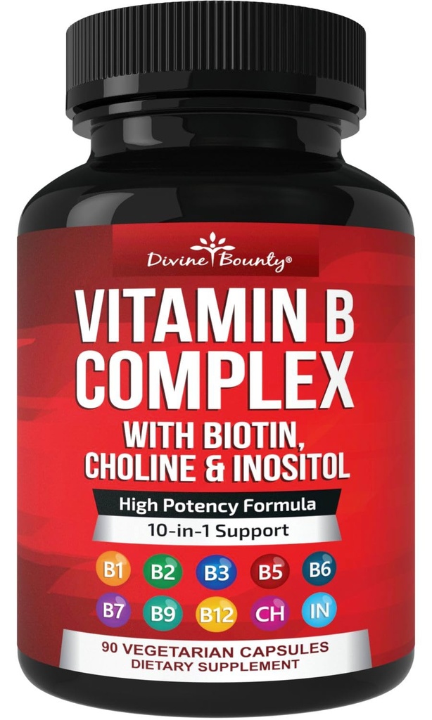 Divine Bounty Super B-kompleks vitaminer - Alle B-vitaminer inkludert B12, B1, B2, B3, B5, B6, B7, B9, Folsyre - vitamin B-tilskudd - Støtte Sunn energimetabolisme - 90 vegetariske kapsler
