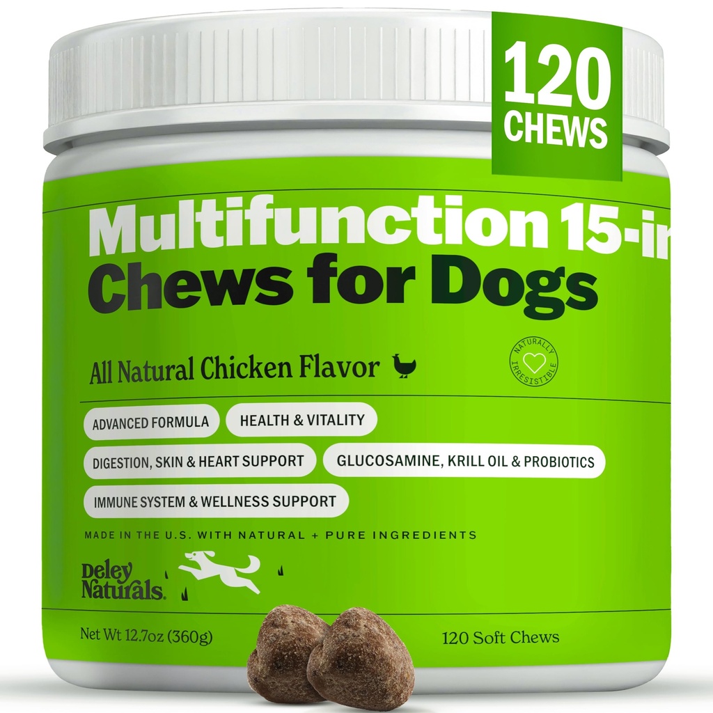 Deley Naturals 15 i 1 Multivitamin for hunder - komplette hundevitaminer og kosttilskudd for immunstøtte, felles, hud, dialyse, hjerte og generelle helse - daglige multifunksjonssupplement - 120 Chews