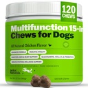 Deley Naturals 15 i 1 Multivitamin for hunder - komplette hundevitaminer og kosttilskudd for immunstøtte, felles, hud, dialyse, hjerte og generelle helse - daglige multifunksjonssupplement - 120 Chews
