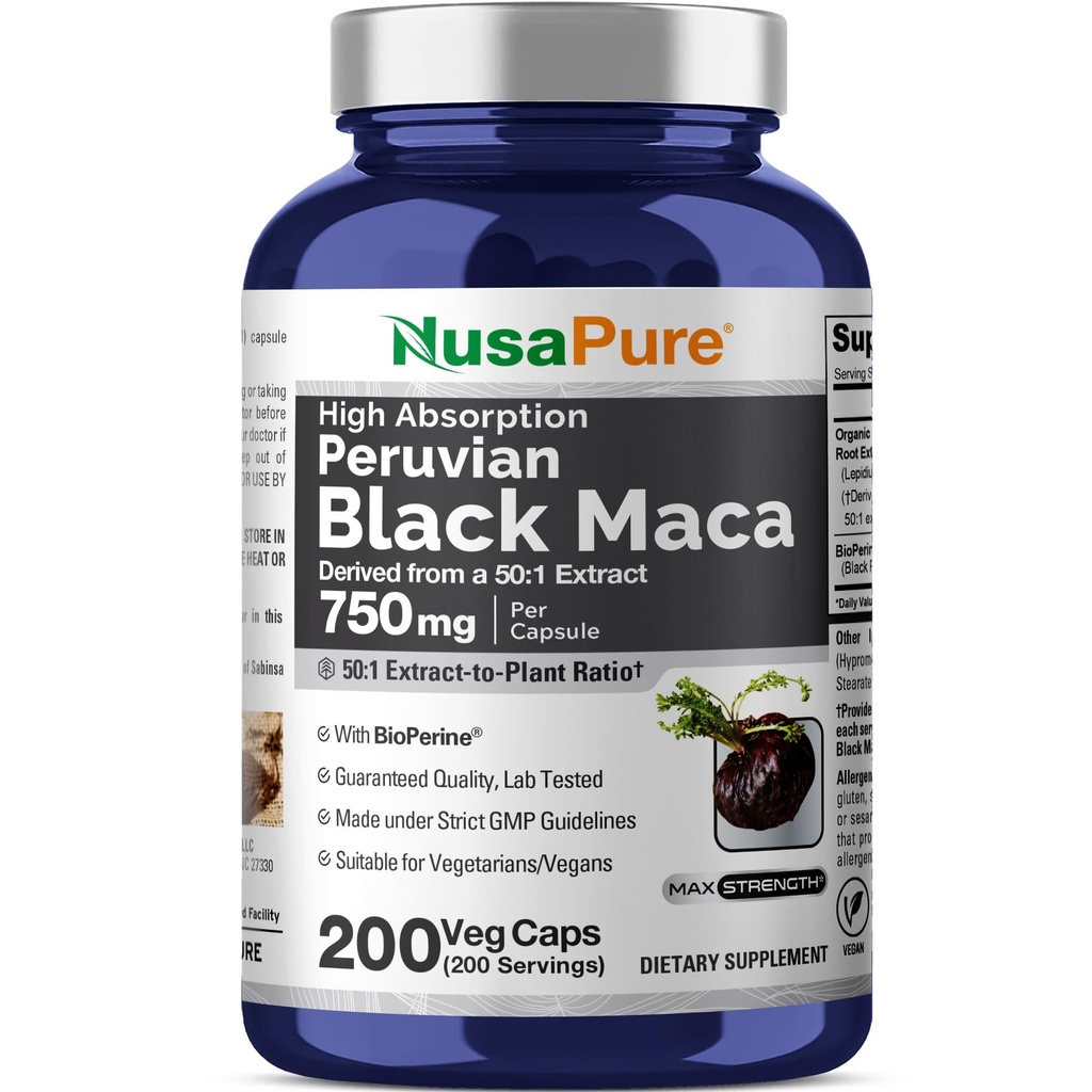 NusaPure Black Maca Root 50:1 Ekstrakt, 750 mg tilsvarende 37.500 mg 200 Veggie Per Caps (Vegan, Ikke-GMO)