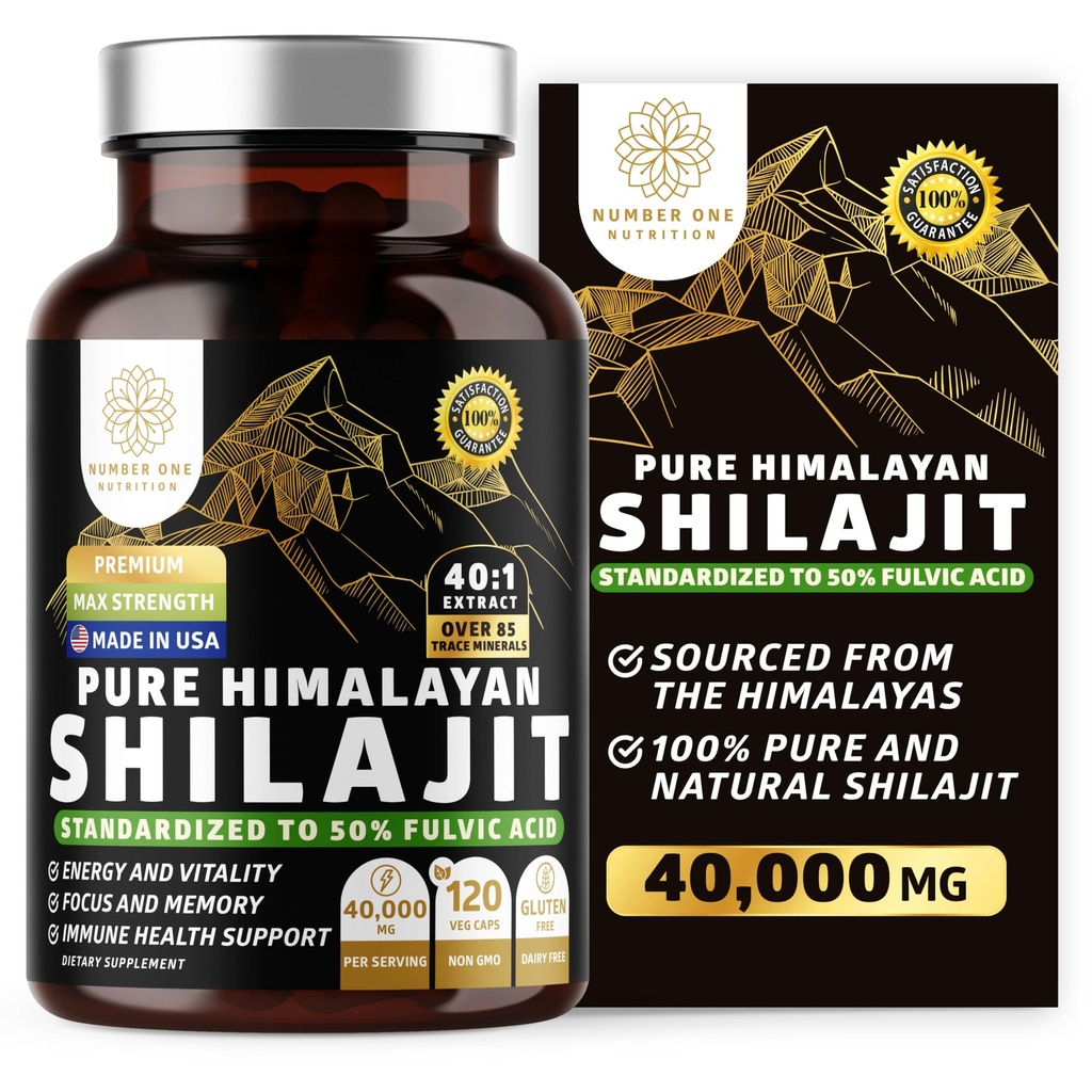 Pure Himalayan Shilajit Supplement for menn og kvinner, [40 000MG, Max styrke] inneholder 50% Fulvic Acid med over 85 spor Mineraler for å støtte energi, hjerne og immunitet, 120 Veg Caps