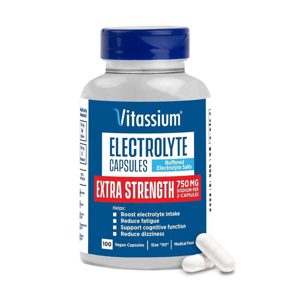 Vitassium ekstra styrke Elektrolytte kapsler, 750 mg natrium for behandling av POTS og høy natriumdiett, uflavorerte, 100 saltpiller (størrelse 00)